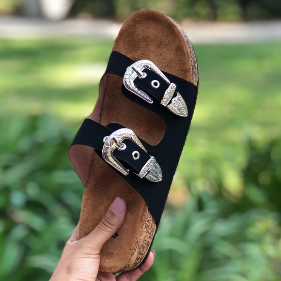 🆕BLACK WESTERN VEGAN DOUBLE STRAP SLIDES SANDALS - Picture 4 of 5